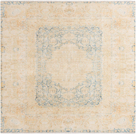 Blue and Ivory 7' 9 x 7' 9 Boutique Square Area Rug Chenille Polyester Cotton Traditional Oriental Inspired Classical Carpet for Living Rooms Dining Office Space Interior Design for Sale at Rug Engine