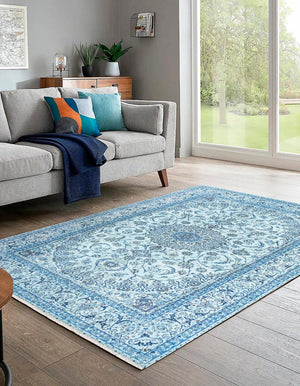Blue 6' 1 x 9' Boutique Rectangle Area Rug Chenille Polyester Cotton Traditional Oriental Inspired Classical Carpet for Living Rooms Dining Office Space Interior Design for Sale at Rug Engine