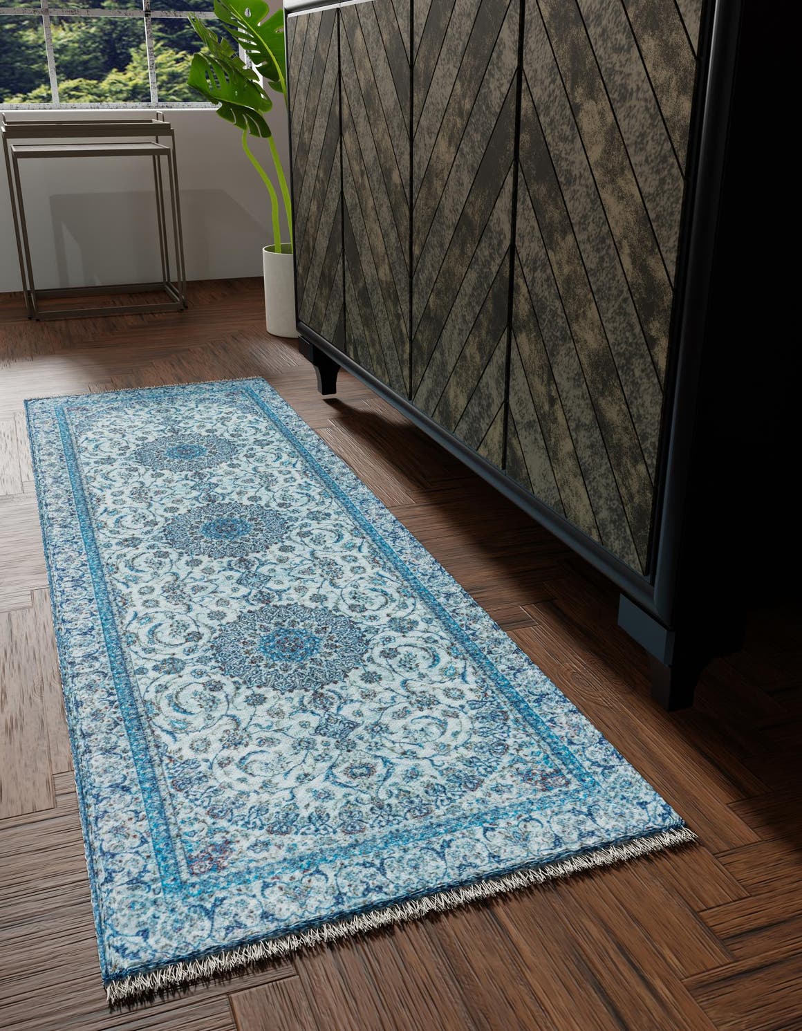 Blue 2' x 6' 1 Boutique Runner Area Rug Chenille Polyester Cotton Traditional Oriental Inspired Classical Carpet for Living Rooms Dining Office Space Interior Design for Sale at Rug Engine