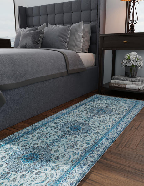 Blue 3' 3 x 11' 10 Boutique Runner Area Rug Chenille Polyester Cotton Traditional Oriental Inspired Classical Carpet for Living Rooms Dining Office Space Interior Design for Sale at Rug Engine