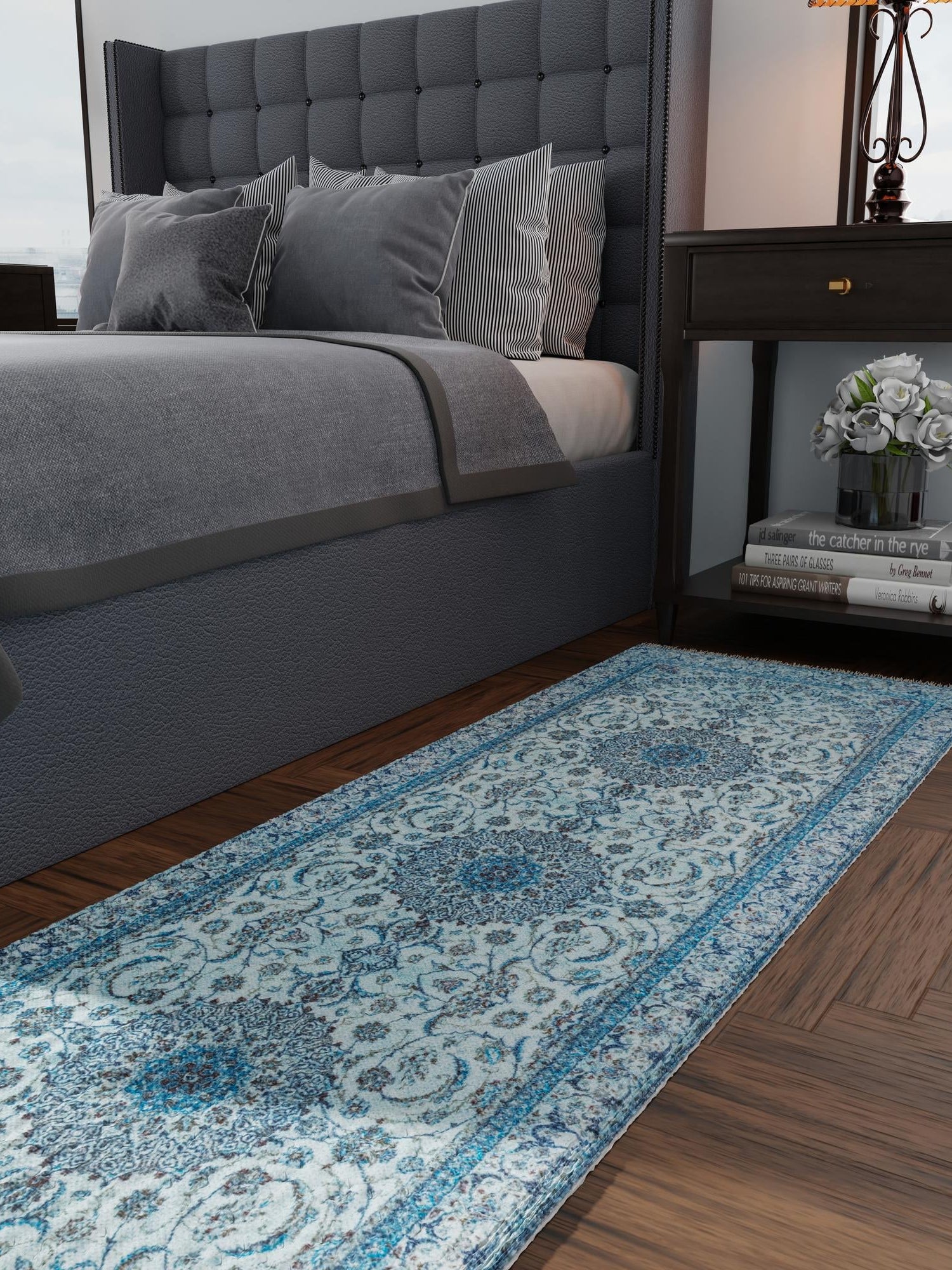 Blue 2' x 5' 1 Boutique Runner Area Rug Chenille Polyester Cotton Traditional Oriental Inspired Classical Carpet for Living Rooms Dining Office Space Interior Design for Sale at Rug Engine