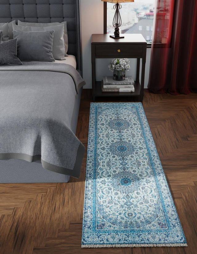 Blue 2' x 8' Boutique Runner Area Rug Chenille Polyester Cotton Traditional Oriental Inspired Classical Carpet for Living Rooms Dining Office Space Interior Design for Sale at Rug Engine