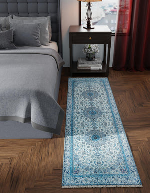 Blue 2' x 5' 1 Boutique Runner Area Rug Chenille Polyester Cotton Traditional Oriental Inspired Classical Carpet for Living Rooms Dining Office Space Interior Design for Sale at Rug Engine