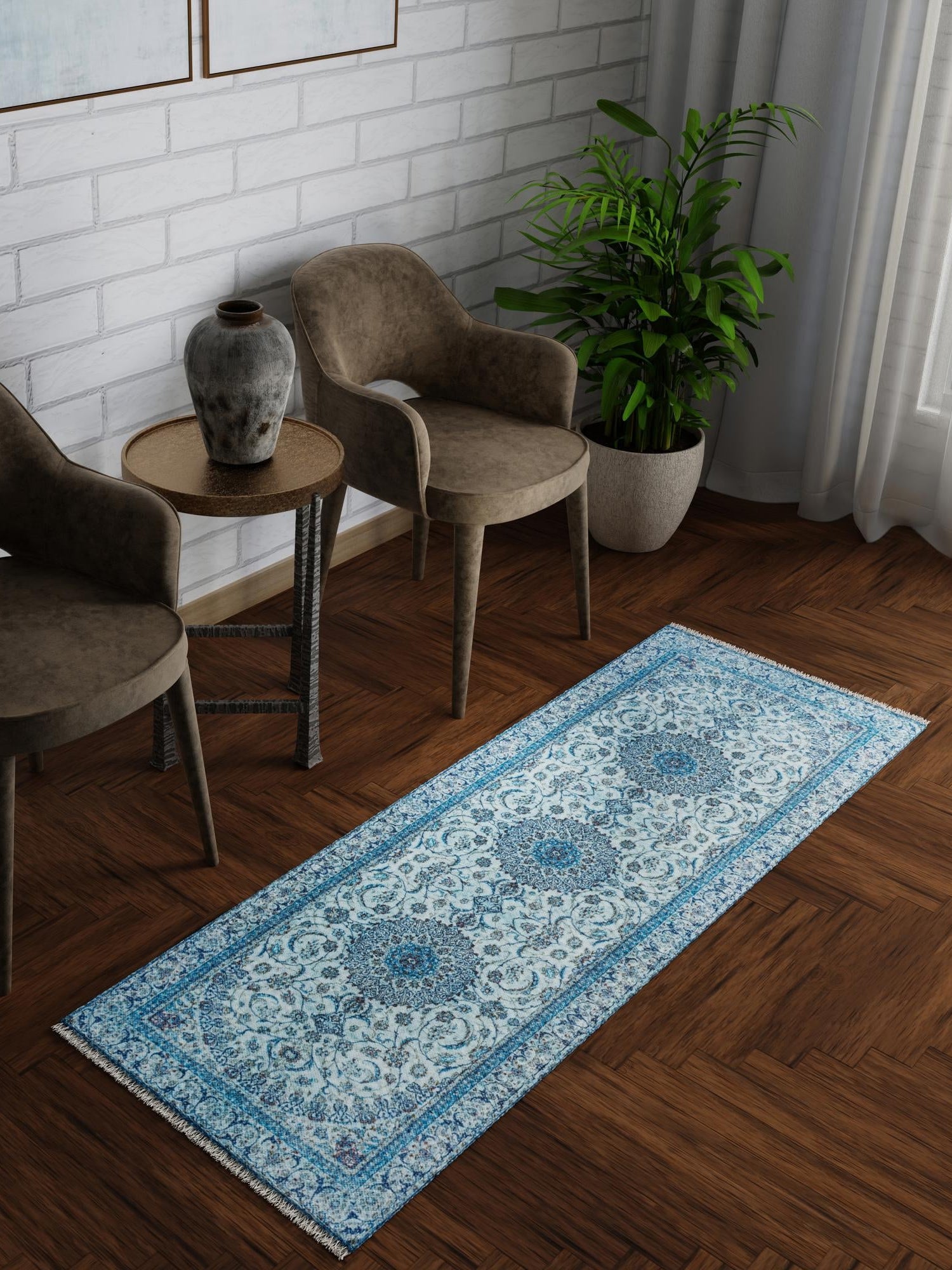 Blue 2' x 5' 1 Boutique Runner Area Rug Chenille Polyester Cotton Traditional Oriental Inspired Classical Carpet for Living Rooms Dining Office Space Interior Design for Sale at Rug Engine