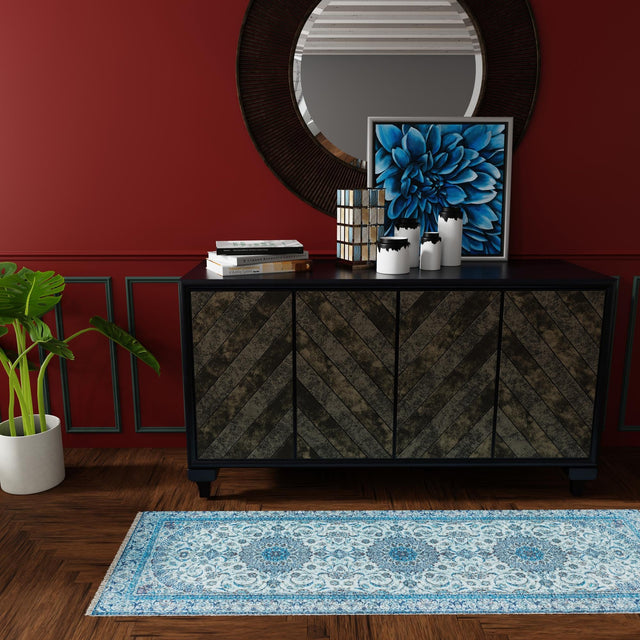 Blue 2' x 8' Boutique Runner Area Rug Chenille Polyester Cotton Traditional Oriental Inspired Classical Carpet for Living Rooms Dining Office Space Interior Design for Sale at Rug Engine