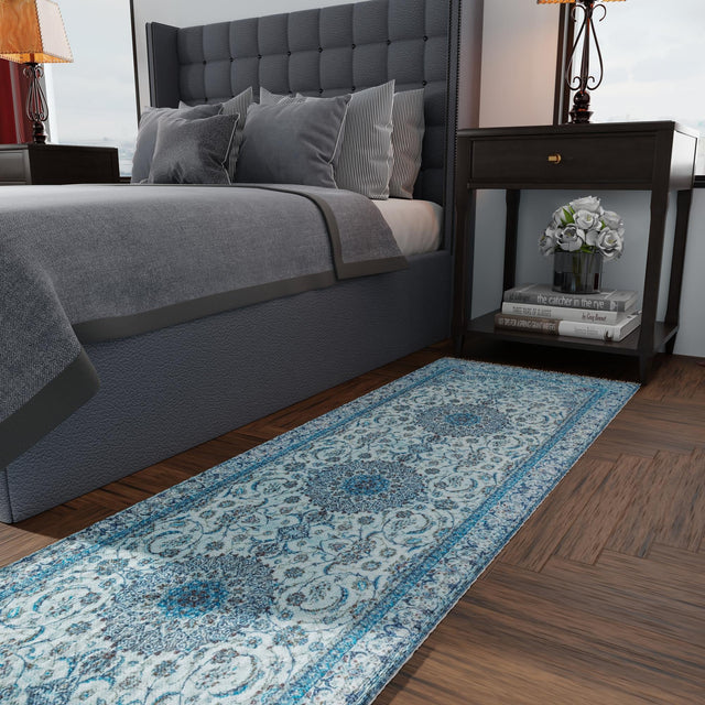 Blue 2' x 8' Boutique Runner Area Rug Chenille Polyester Cotton Traditional Oriental Inspired Classical Carpet for Living Rooms Dining Office Space Interior Design for Sale at Rug Engine