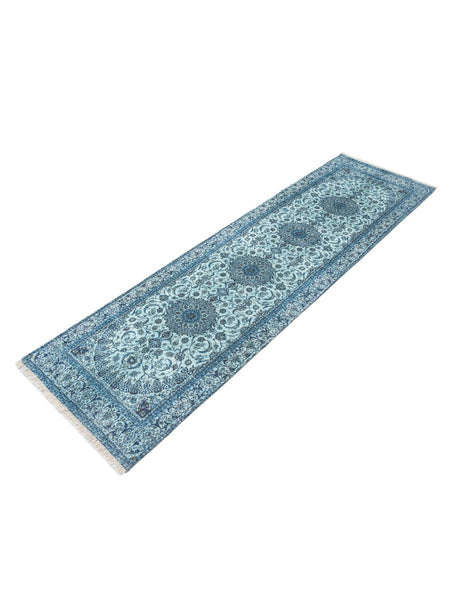 Blue 2' x 8' Boutique Runner Area Rug Chenille Polyester Cotton Traditional Oriental Inspired Classical Carpet for Living Rooms Dining Office Space Interior Design for Sale at Rug Engine