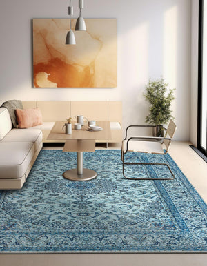 Blue 5' 1 x 5' 1 Boutique Square Area Rug Chenille Polyester Cotton Traditional Oriental Inspired Classical Carpet for Living Rooms Dining Office Space Interior Design for Sale at Rug Engine