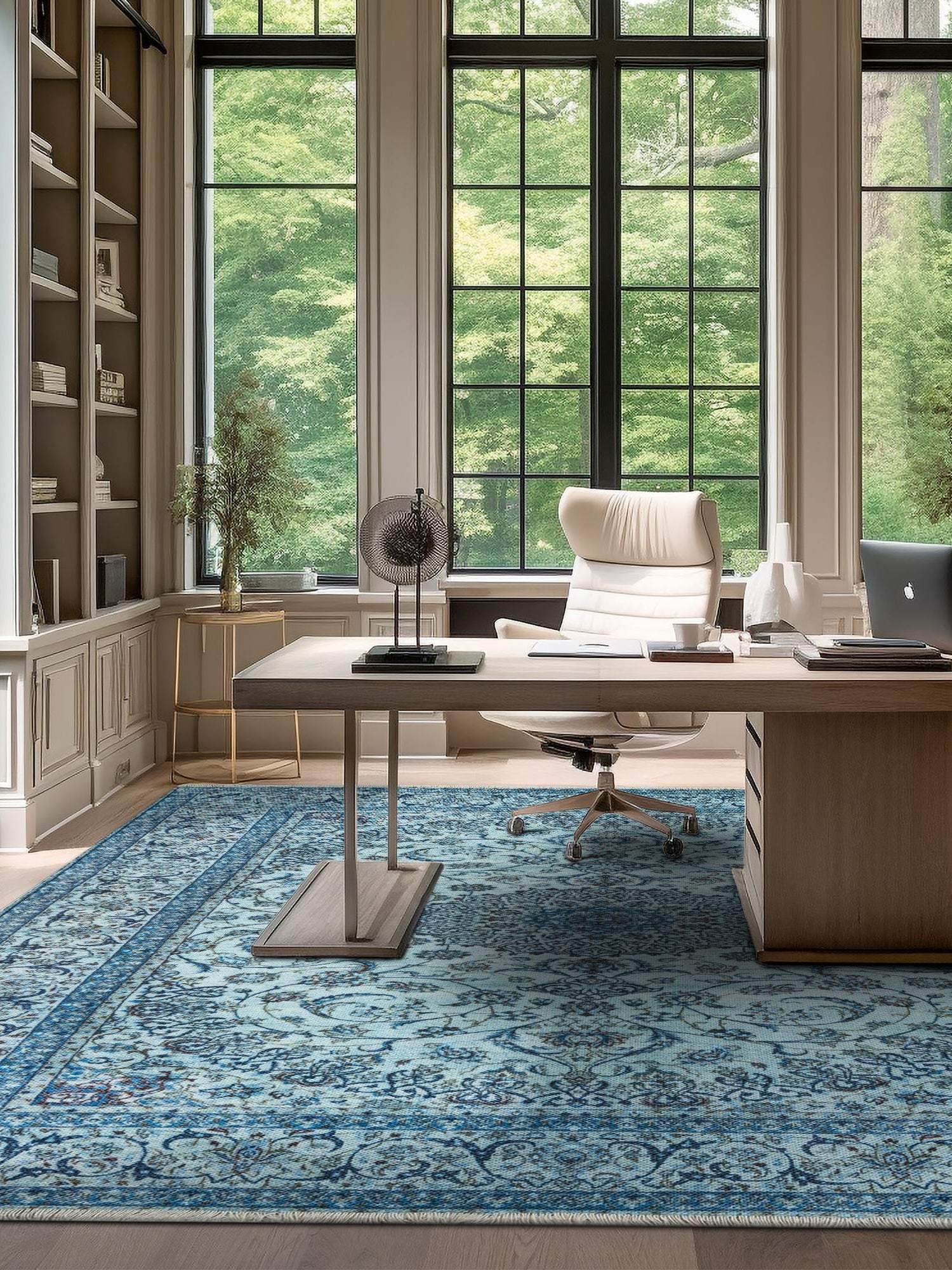 Blue 5' 1 x 5' 1 Boutique Square Area Rug Chenille Polyester Cotton Traditional Oriental Inspired Classical Carpet for Living Rooms Dining Office Space Interior Design for Sale at Rug Engine