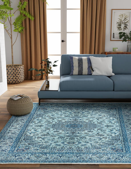 Blue 7' 9 x 7' 9 Boutique Square Area Rug Chenille Polyester Cotton Traditional Oriental Inspired Classical Carpet for Living Rooms Dining Office Space Interior Design for Sale at Rug Engine