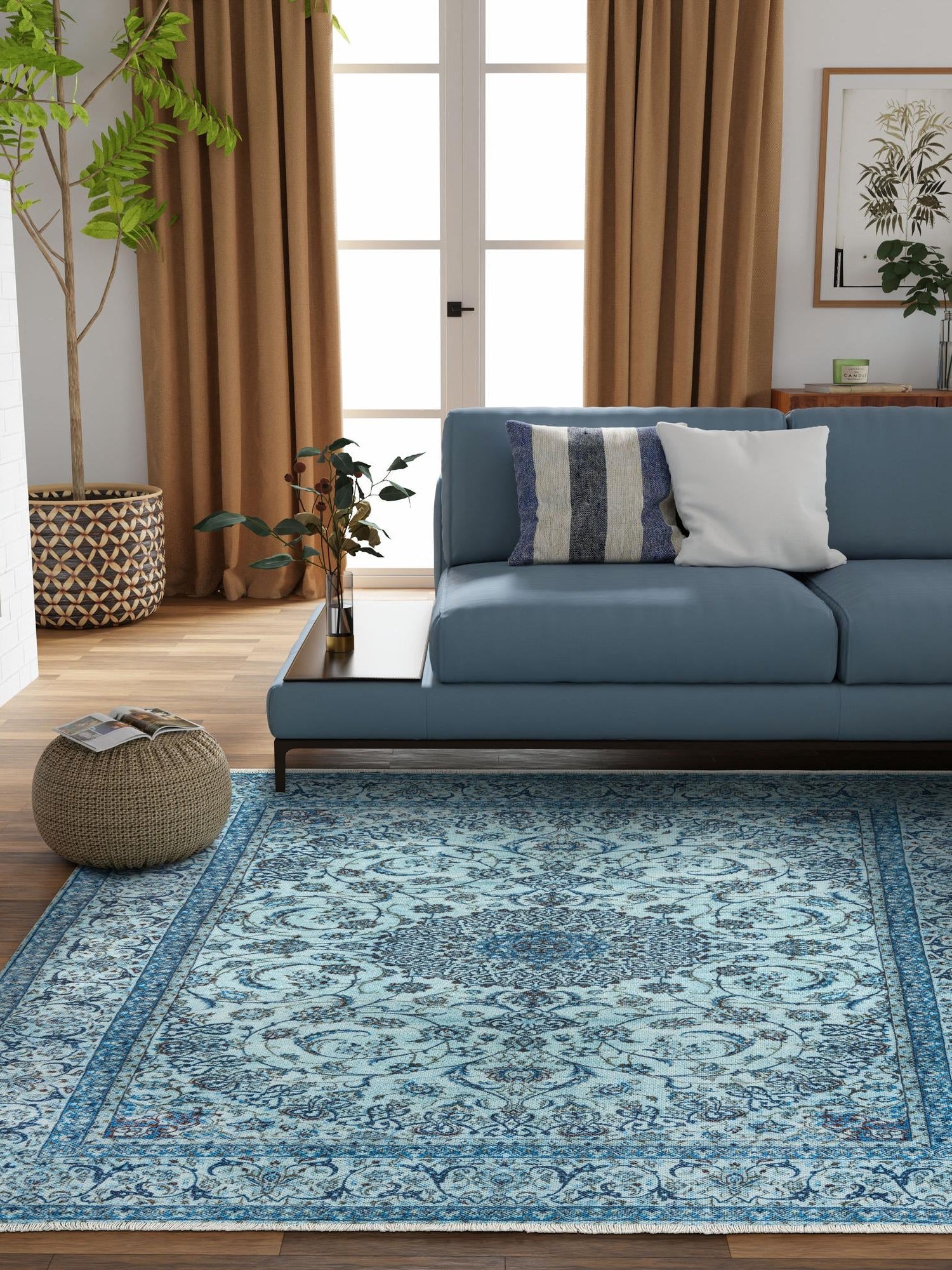 Blue 5' 1 x 5' 1 Boutique Square Area Rug Chenille Polyester Cotton Traditional Oriental Inspired Classical Carpet for Living Rooms Dining Office Space Interior Design for Sale at Rug Engine