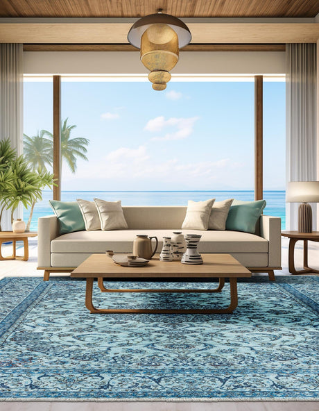 Blue 7' 9 x 7' 9 Boutique Square Area Rug Chenille Polyester Cotton Traditional Oriental Inspired Classical Carpet for Living Rooms Dining Office Space Interior Design for Sale at Rug Engine