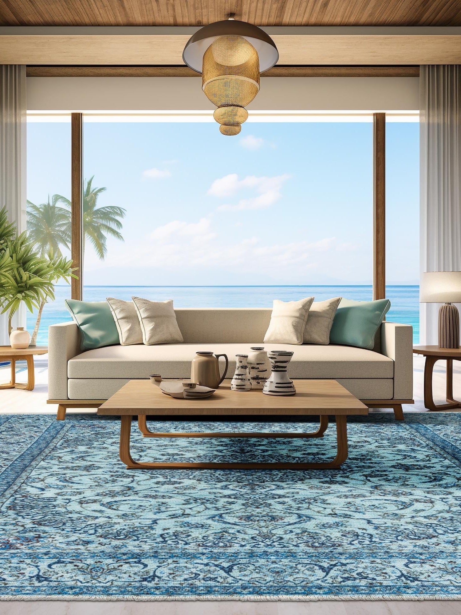 Blue 5' 1 x 5' 1 Boutique Square Area Rug Chenille Polyester Cotton Traditional Oriental Inspired Classical Carpet for Living Rooms Dining Office Space Interior Design for Sale at Rug Engine