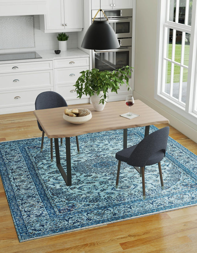 Blue 7' 9 x 7' 9 Boutique Square Area Rug Chenille Polyester Cotton Traditional Oriental Inspired Classical Carpet for Living Rooms Dining Office Space Interior Design for Sale at Rug Engine