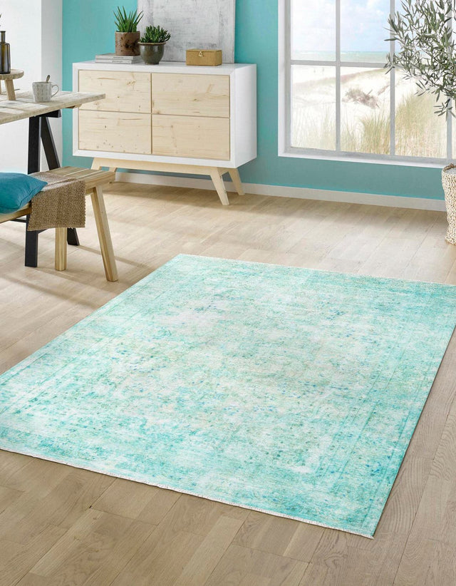 Turquoise 7' 10 x 10' Boutique Rectangle Area Rug Chenille Polyester Cotton Traditional Oriental Inspired Classical Carpet for Living Rooms Dining Office Space Interior Design for Sale at Rug Engine