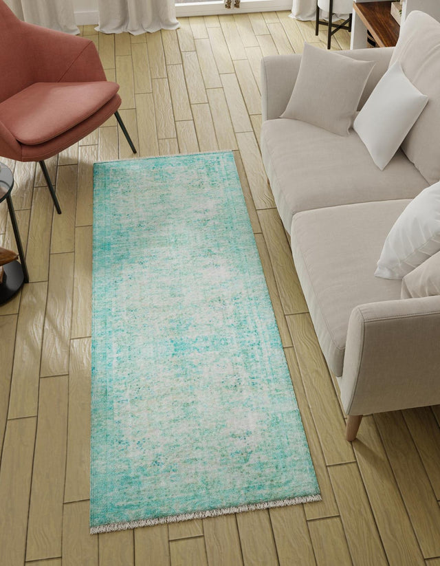 Turquoise 2' x 8' Boutique Runner Area Rug Chenille Polyester Cotton Traditional Oriental Inspired Classical Carpet for Living Rooms Dining Office Space Interior Design for Sale at Rug Engine