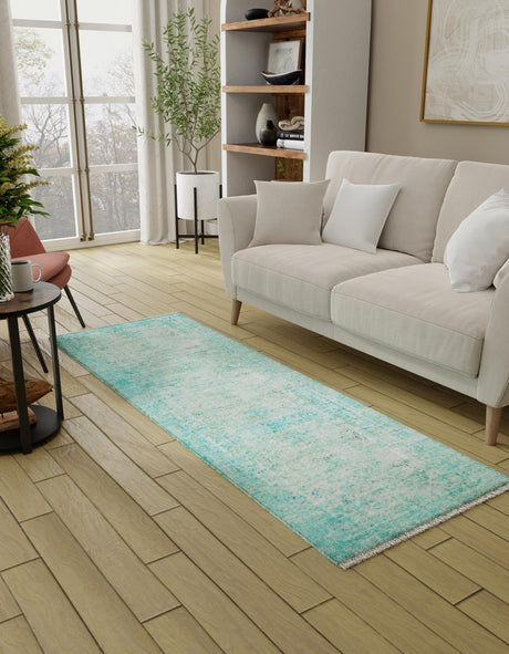 Turquoise 2' x 6' 1 Boutique Runner Area Rug Chenille Polyester Cotton Traditional Oriental Inspired Classical Carpet for Living Rooms Dining Office Space Interior Design for Sale at Rug Engine