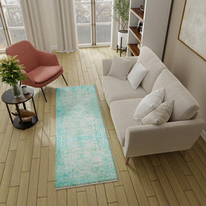 Turquoise 2' x 5' 1 Boutique Runner Area Rug Chenille Polyester Cotton Traditional Oriental Inspired Classical Carpet for Living Rooms Dining Office Space Interior Design for Sale at Rug Engine