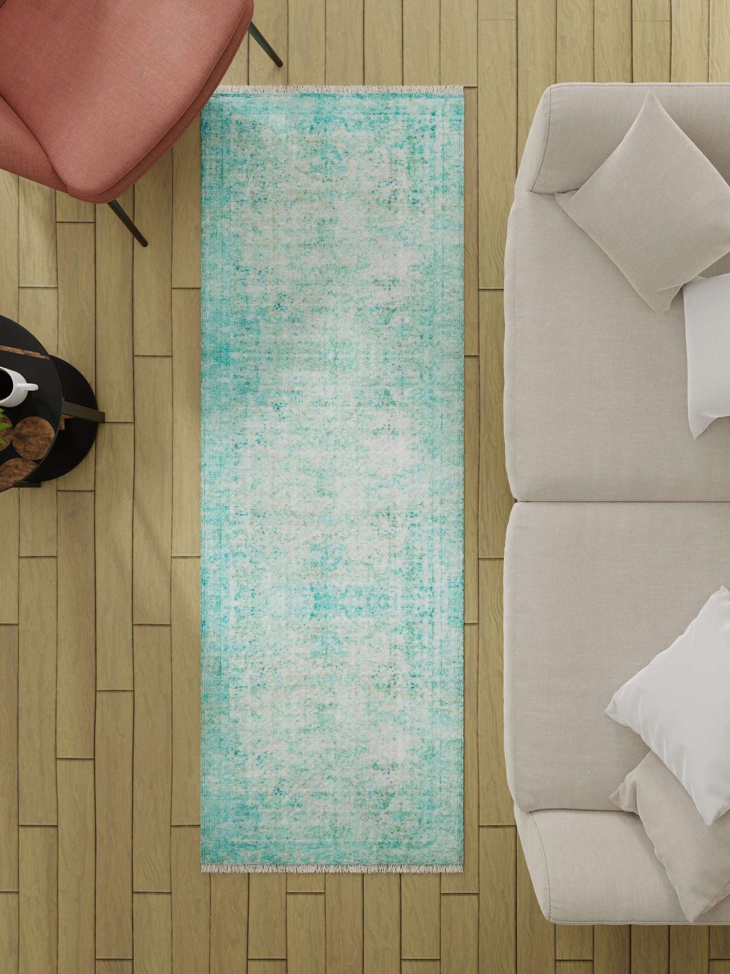 Turquoise 2' x 8' Boutique Runner Area Rug Chenille Polyester Cotton Traditional Oriental Inspired Classical Carpet for Living Rooms Dining Office Space Interior Design for Sale at Rug Engine