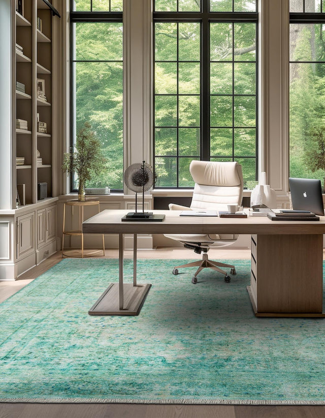 Turquoise 7' 9 x 7' 9 Boutique Square Area Rug Chenille Polyester Cotton Traditional Oriental Inspired Classical Carpet for Living Rooms Dining Office Space Interior Design for Sale at Rug Engine