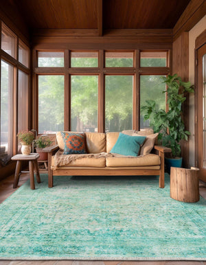 Turquoise 5' 1 x 5' 1 Boutique Square Area Rug Chenille Polyester Cotton Traditional Oriental Inspired Classical Carpet for Living Rooms Dining Office Space Interior Design for Sale at Rug Engine