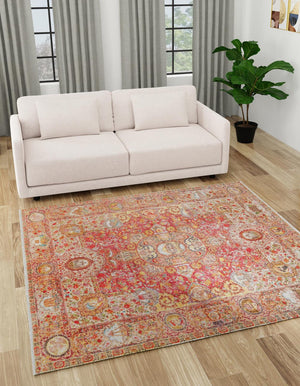 Rust Red 5' 1 x 5' 1 Boutique Square Area Rug Chenille Polyester Cotton Traditional Oriental Inspired Classical Carpet for Living Rooms Dining Office Space Interior Design for Sale at Rug Engine