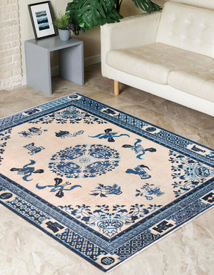 Ivory and Blue 3' 11 x 5' 11 Boutique Rectangle Area Rug Chenille Polyester Cotton Traditional Oriental Inspired Classical Carpet for Living Rooms Dining Office Space Interior Design for Sale at Rug Engine