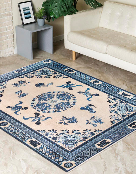 Ivory and Blue 2' x 3' 1 Boutique Rectangle Area Rug Chenille Polyester Cotton Traditional Oriental Inspired Classical Carpet for Living Rooms Dining Office Space Interior Design for Sale at Rug Engine
