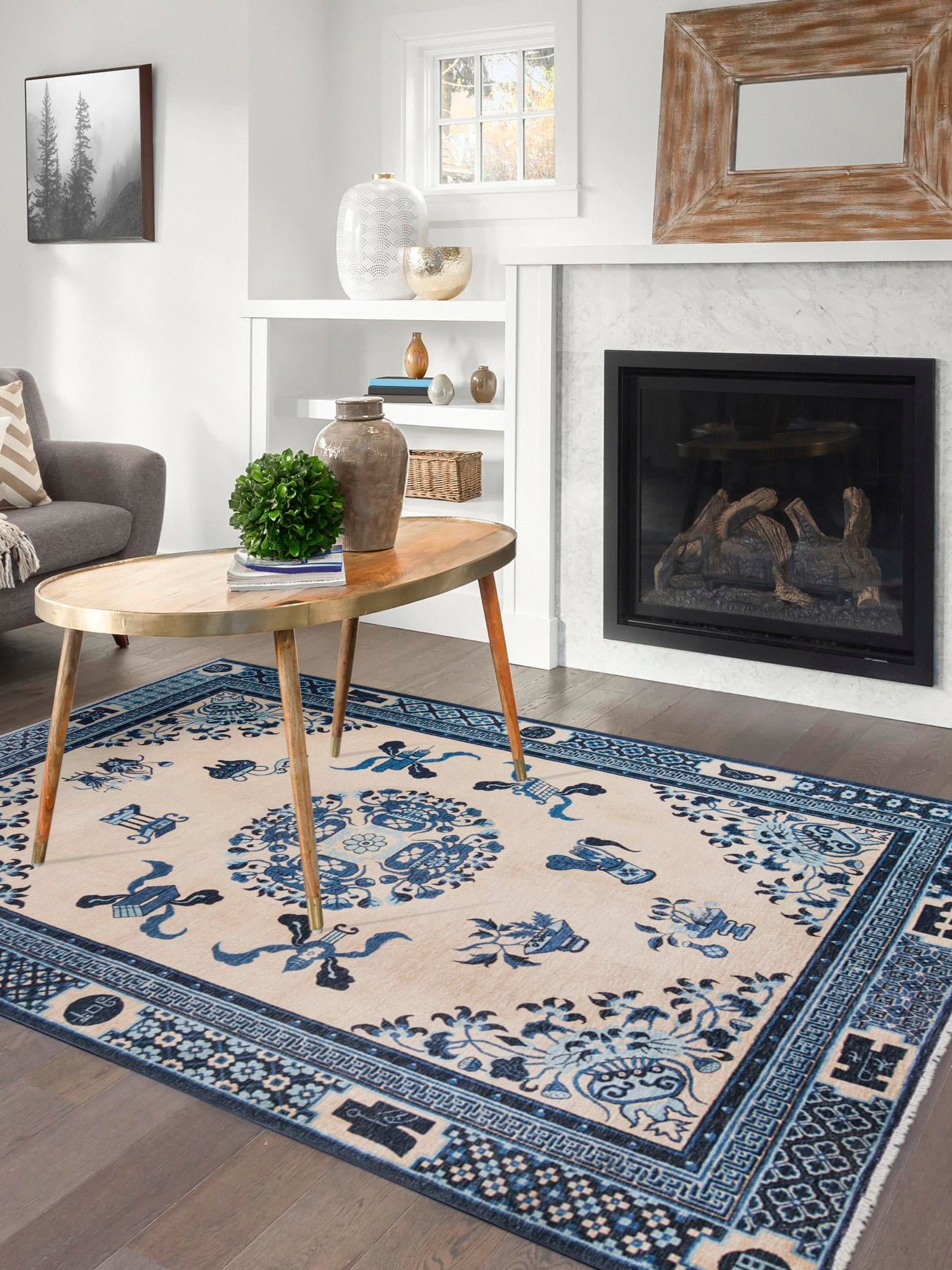 Ivory and Blue 5' 1 x 7' 10 Boutique Rectangle Area Rug Chenille Polyester Cotton Traditional Oriental Inspired Classical Carpet for Living Rooms Dining Office Space Interior Design for Sale at Rug Engine