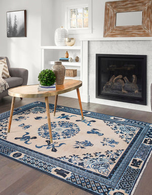 Ivory and Blue 3' 11 x 5' 11 Boutique Rectangle Area Rug Chenille Polyester Cotton Traditional Oriental Inspired Classical Carpet for Living Rooms Dining Office Space Interior Design for Sale at Rug Engine