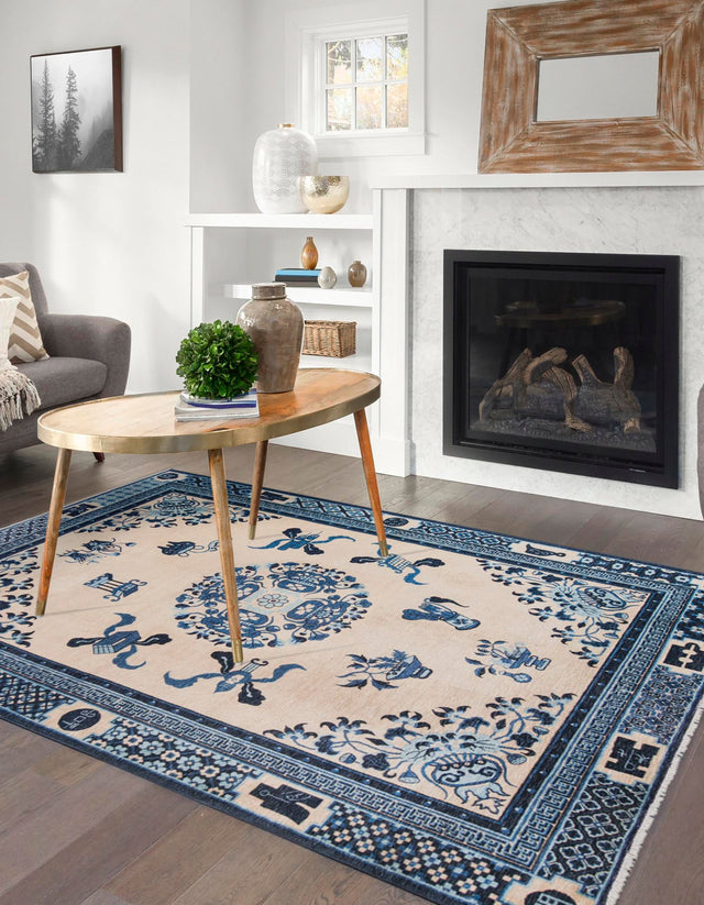 Ivory and Blue 7' 10 x 10' Boutique Rectangle Area Rug Chenille Polyester Cotton Traditional Oriental Inspired Classical Carpet for Living Rooms Dining Office Space Interior Design for Sale at Rug Engine