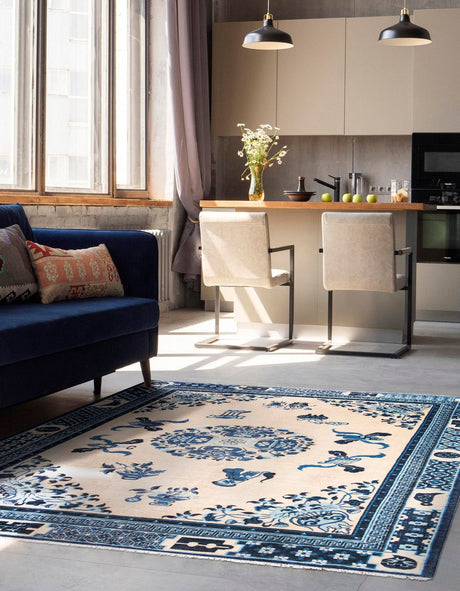 Ivory and Blue 5' 1 x 7' 10 Boutique Rectangle Area Rug Chenille Polyester Cotton Traditional Oriental Inspired Classical Carpet for Living Rooms Dining Office Space Interior Design for Sale at Rug Engine