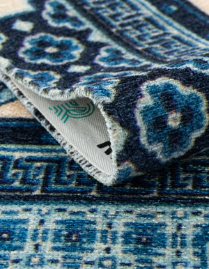Ivory and Blue 6' 1 x 9' Boutique Rectangle Area Rug Chenille Polyester Cotton Traditional Oriental Inspired Classical Carpet for Living Rooms Dining Office Space Interior Design for Sale at Rug Engine