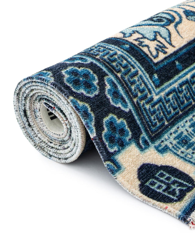 Ivory and Blue 6' 1 x 9' Boutique Rectangle Area Rug Chenille Polyester Cotton Traditional Oriental Inspired Classical Carpet for Living Rooms Dining Office Space Interior Design for Sale at Rug Engine