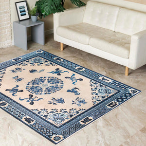 Ivory and Blue 6' 1 x 9' Boutique Rectangle Area Rug Chenille Polyester Cotton Traditional Oriental Inspired Classical Carpet for Living Rooms Dining Office Space Interior Design for Sale at Rug Engine