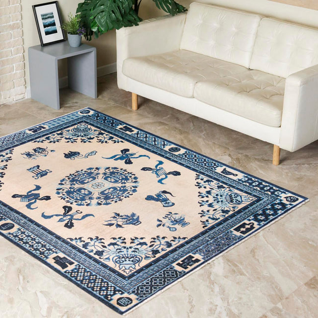 Ivory and Blue 6' 1 x 9' Boutique Rectangle Area Rug Chenille Polyester Cotton Traditional Oriental Inspired Classical Carpet for Living Rooms Dining Office Space Interior Design for Sale at Rug Engine