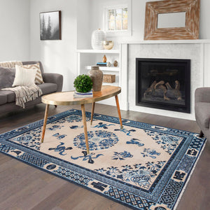 Ivory and Blue 6' 1 x 9' Boutique Rectangle Area Rug Chenille Polyester Cotton Traditional Oriental Inspired Classical Carpet for Living Rooms Dining Office Space Interior Design for Sale at Rug Engine