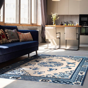 Ivory and Blue 6' 1 x 9' Boutique Rectangle Area Rug Chenille Polyester Cotton Traditional Oriental Inspired Classical Carpet for Living Rooms Dining Office Space Interior Design for Sale at Rug Engine
