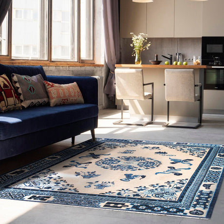 Ivory and Blue 6' 1 x 9' Boutique Rectangle Area Rug Chenille Polyester Cotton Traditional Oriental Inspired Classical Carpet for Living Rooms Dining Office Space Interior Design for Sale at Rug Engine