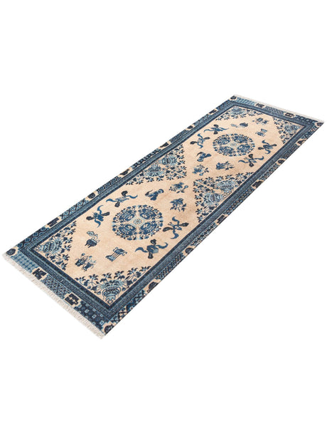 Ivory and Blue 2' x 6' 1 Boutique Runner Area Rug Chenille Polyester Cotton Traditional Oriental Inspired Classical Carpet for Living Rooms Dining Office Space Interior Design for Sale at Rug Engine