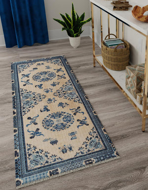 Ivory and Blue 2' x 5' 1 Boutique Runner Area Rug Chenille Polyester Cotton Traditional Oriental Inspired Classical Carpet for Living Rooms Dining Office Space Interior Design for Sale at Rug Engine
