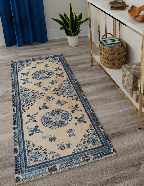 Ivory and Blue 3' 3 x 11' 10 Boutique Runner Area Rug Chenille Polyester Cotton Traditional Oriental Inspired Classical Carpet for Living Rooms Dining Office Space Interior Design for Sale at Rug Engine