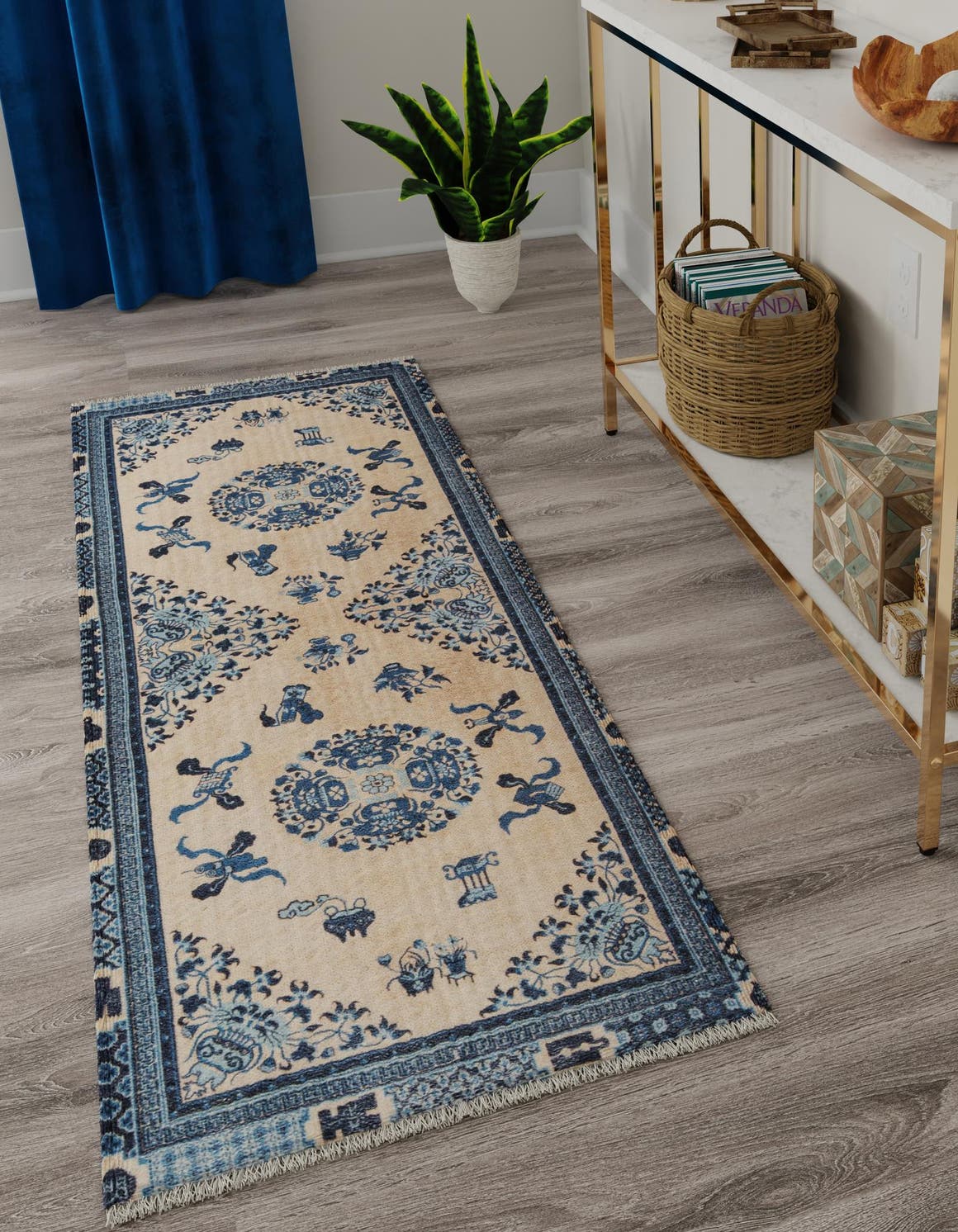 Ivory and Blue 2' x 8' Boutique Runner Area Rug Chenille Polyester Cotton Traditional Oriental Inspired Classical Carpet for Living Rooms Dining Office Space Interior Design for Sale at Rug Engine