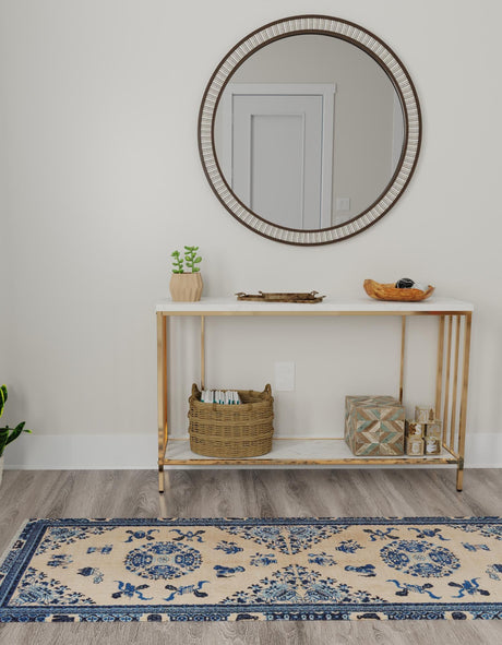 Ivory and Blue 2' x 6' 1 Boutique Runner Area Rug Chenille Polyester Cotton Traditional Oriental Inspired Classical Carpet for Living Rooms Dining Office Space Interior Design for Sale at Rug Engine