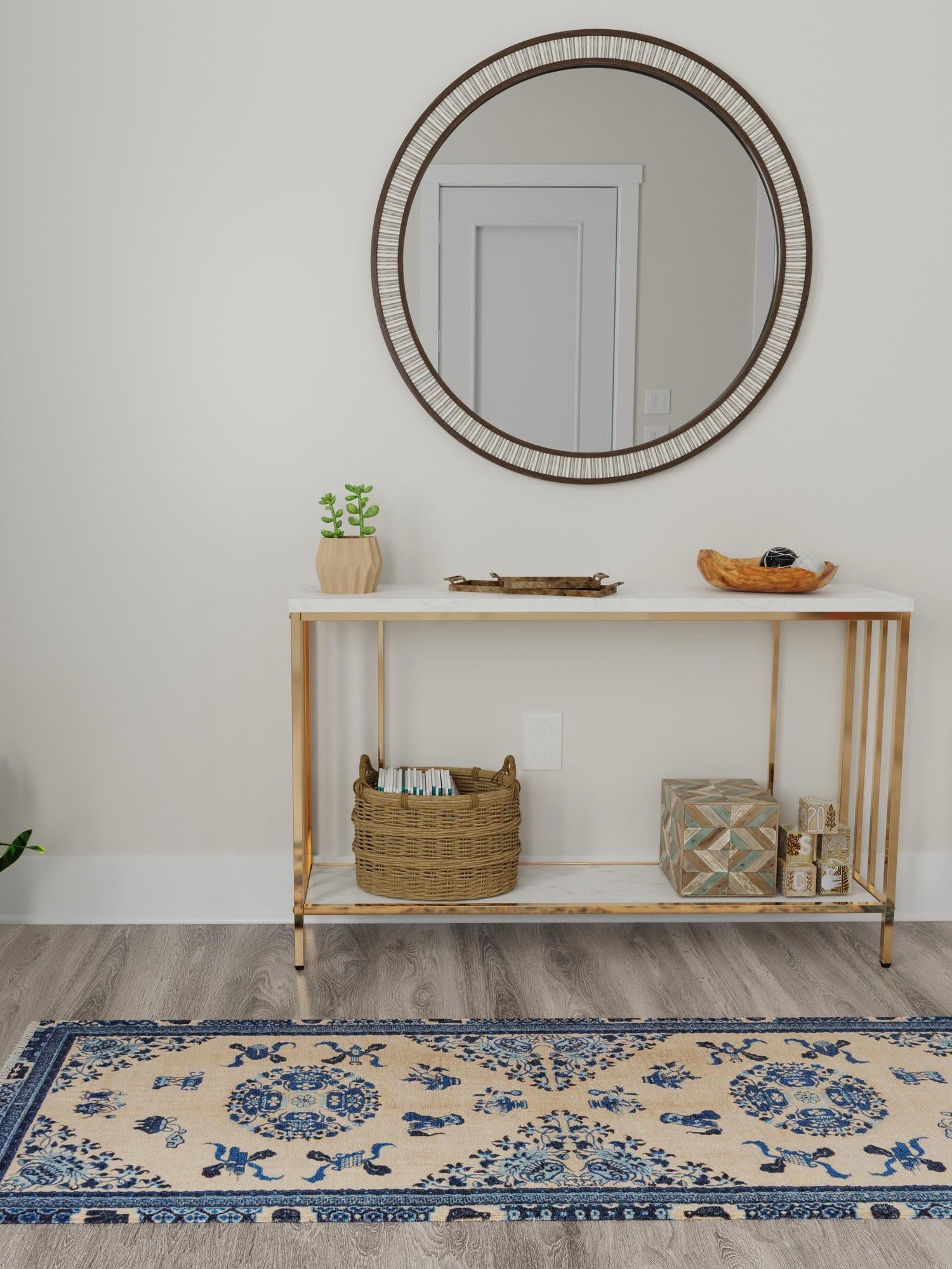 Ivory and Blue 2' x 8' Boutique Runner Area Rug Chenille Polyester Cotton Traditional Oriental Inspired Classical Carpet for Living Rooms Dining Office Space Interior Design for Sale at Rug Engine