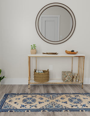 Ivory and Blue 2' x 5' 1 Boutique Runner Area Rug Chenille Polyester Cotton Traditional Oriental Inspired Classical Carpet for Living Rooms Dining Office Space Interior Design for Sale at Rug Engine