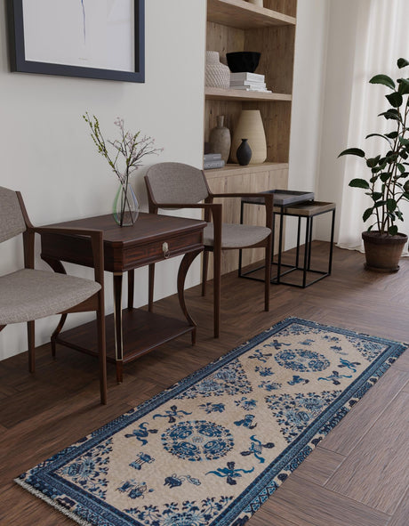 Ivory and Blue 2' x 8' Boutique Runner Area Rug Chenille Polyester Cotton Traditional Oriental Inspired Classical Carpet for Living Rooms Dining Office Space Interior Design for Sale at Rug Engine