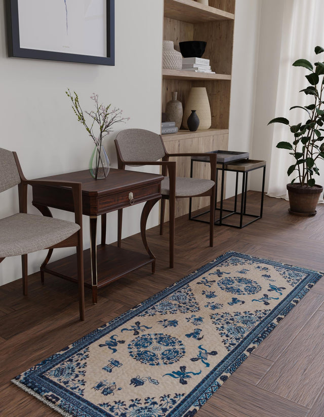 Ivory and Blue 2' x 8' Boutique Runner Area Rug Chenille Polyester Cotton Traditional Oriental Inspired Classical Carpet for Living Rooms Dining Office Space Interior Design for Sale at Rug Engine
