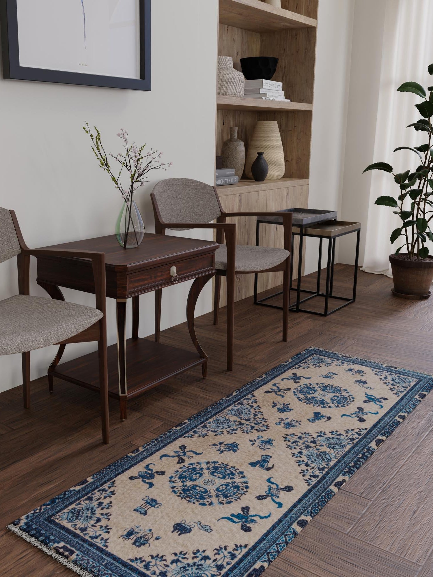 Ivory and Blue 3' 3 x 11' 10 Boutique Runner Area Rug Chenille Polyester Cotton Traditional Oriental Inspired Classical Carpet for Living Rooms Dining Office Space Interior Design for Sale at Rug Engine