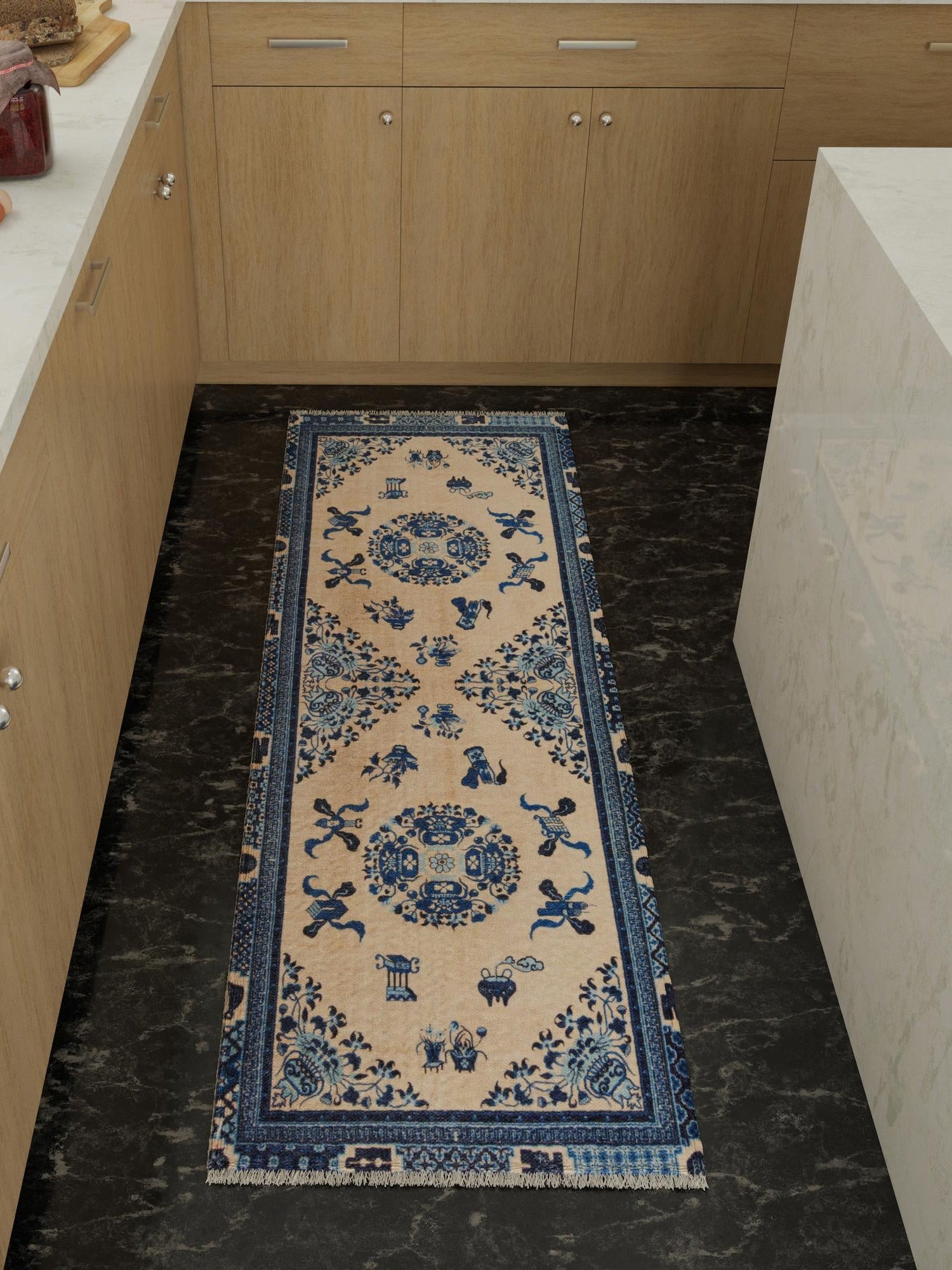 Ivory and Blue 3' 3 x 11' 10 Boutique Runner Area Rug Chenille Polyester Cotton Traditional Oriental Inspired Classical Carpet for Living Rooms Dining Office Space Interior Design for Sale at Rug Engine